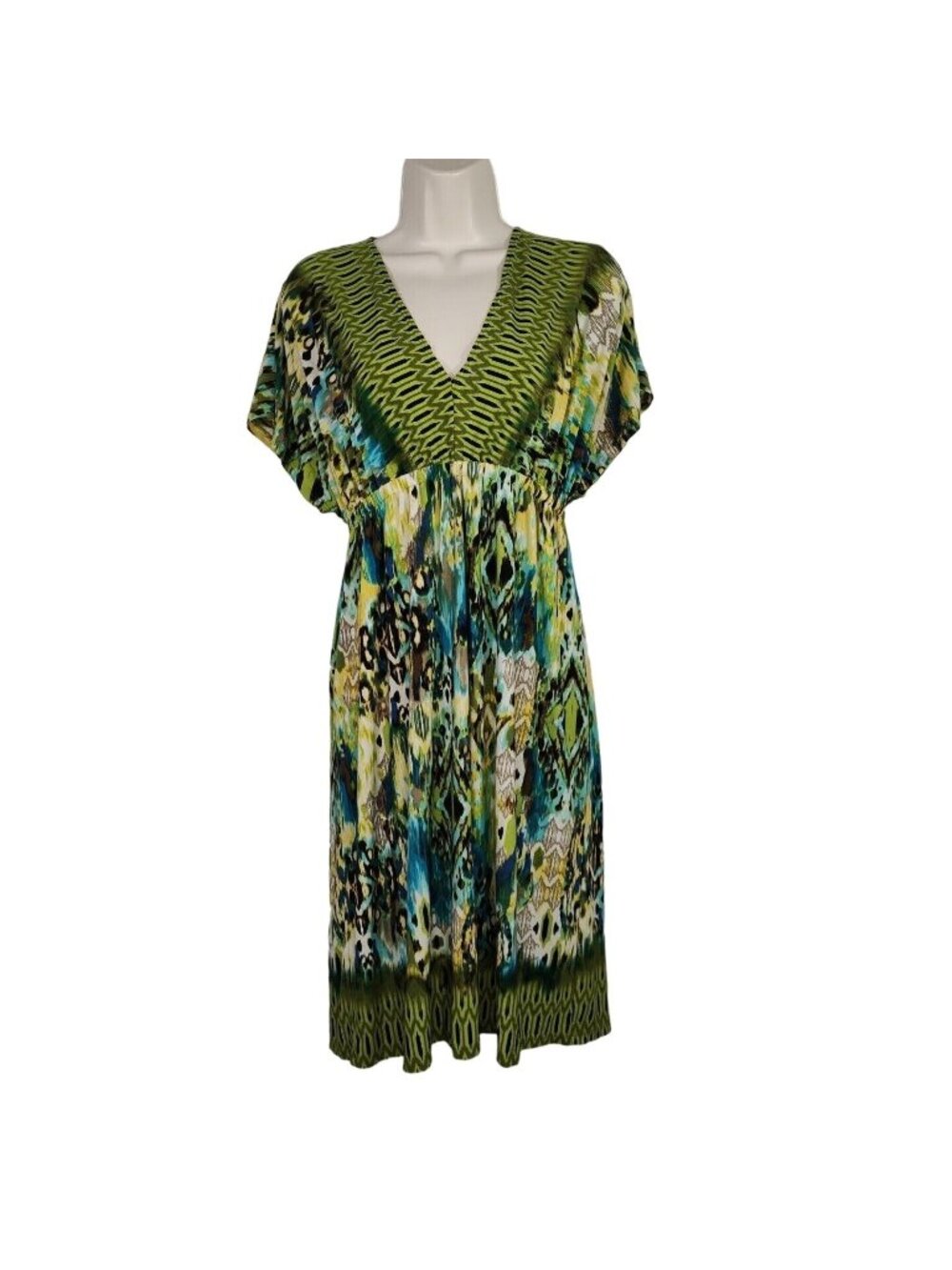 Delusional Plunge V-neck Dress Women Size M Green Blue Yellow Short Sleeve Y2K